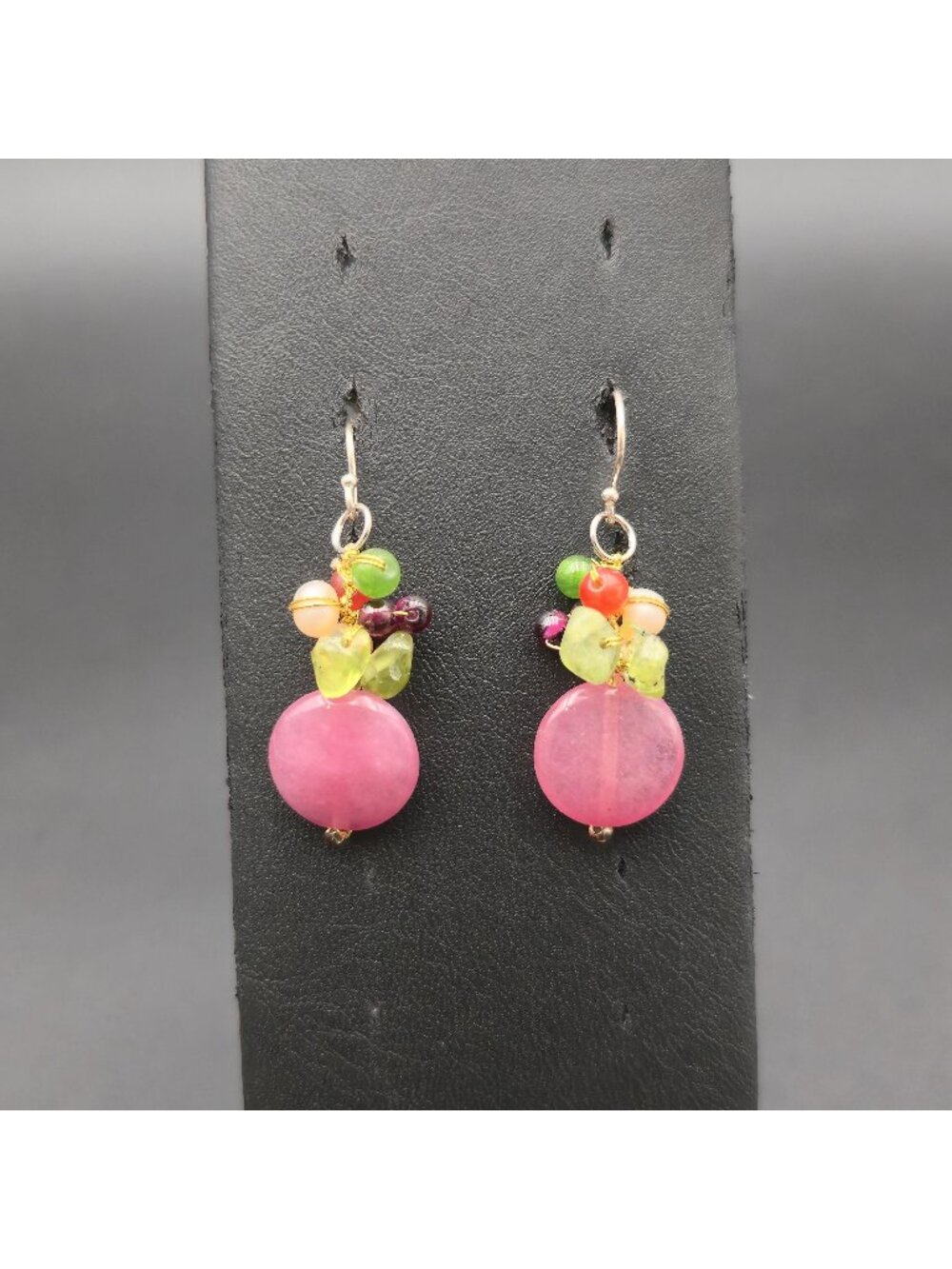 Pink Jade Cluster Dangle Earrings, Mixed Gemstone Bead Drop, Summer Jewelry A815